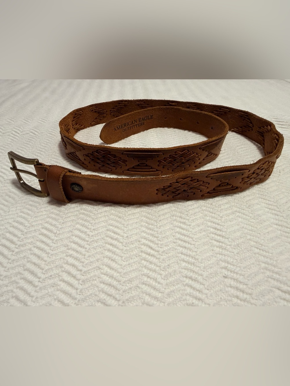American Eagle Outfitters Tan Leather Belt with Woven Cutouts